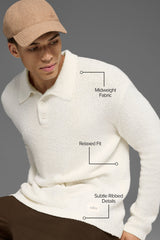 Textured Knit Long Sleeve Polo - Ivory