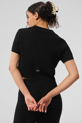 Cashmere Plush Waffle Polo Tee - Black