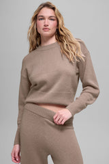 Wool Cashmere Cropped New Class Crewneck Sweater - Chai Latte