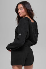 Cashmere Plush Waffle Full Zip Hoodie - Black