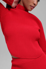 Denim Knit Backless Long Sleeve - Bright Red