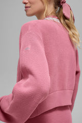 Tennis Club Sweater Knit Full Zip Jacket - Pink Wild Rose/White