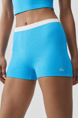 Goddess Ribbed High-Waist First Pick Short - Azure Blue/White