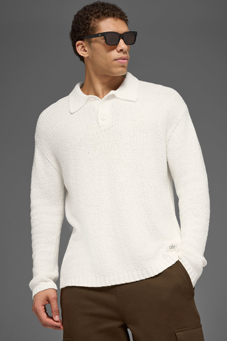 Textured Knit Long Sleeve Polo - Ivory