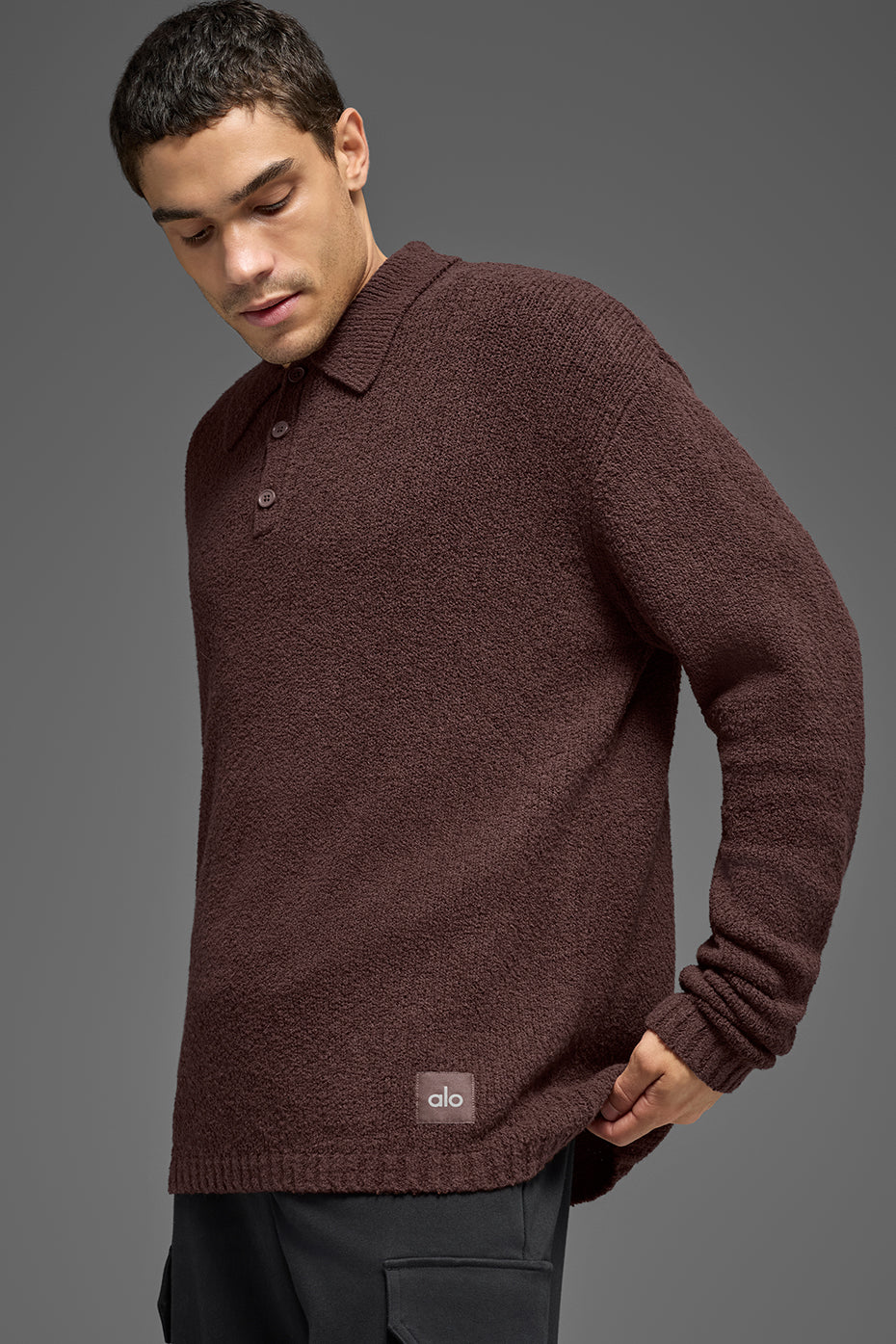 Textured Knit Long Sleeve Polo - Brownstone