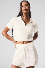 Cashmere Plush Waffle Polo Tee - Ivory