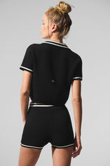 Tennis Club Sweater Knit Cropped Polo - Black/Ivory