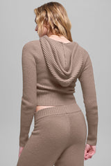 Wool Cashmere Ribbed Noble Full Zip Hoodie - Chai Latte