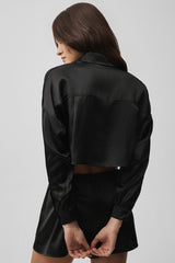 Silk Luminous Cropped Button Down Long Sleeve - Black
