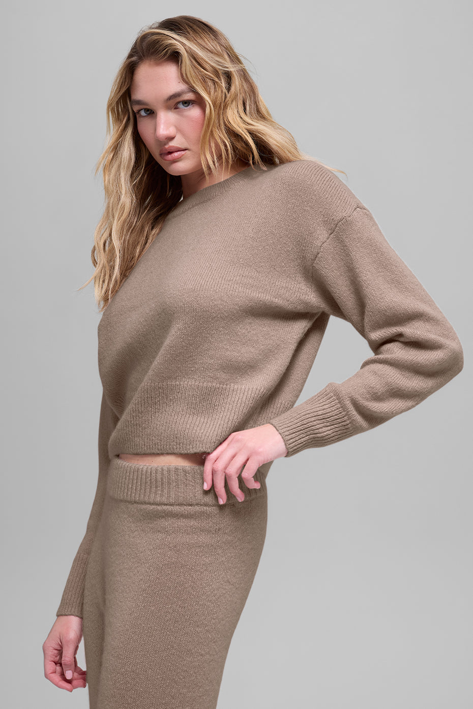 Wool Cashmere Cropped New Class Crewneck Sweater - Chai Latte