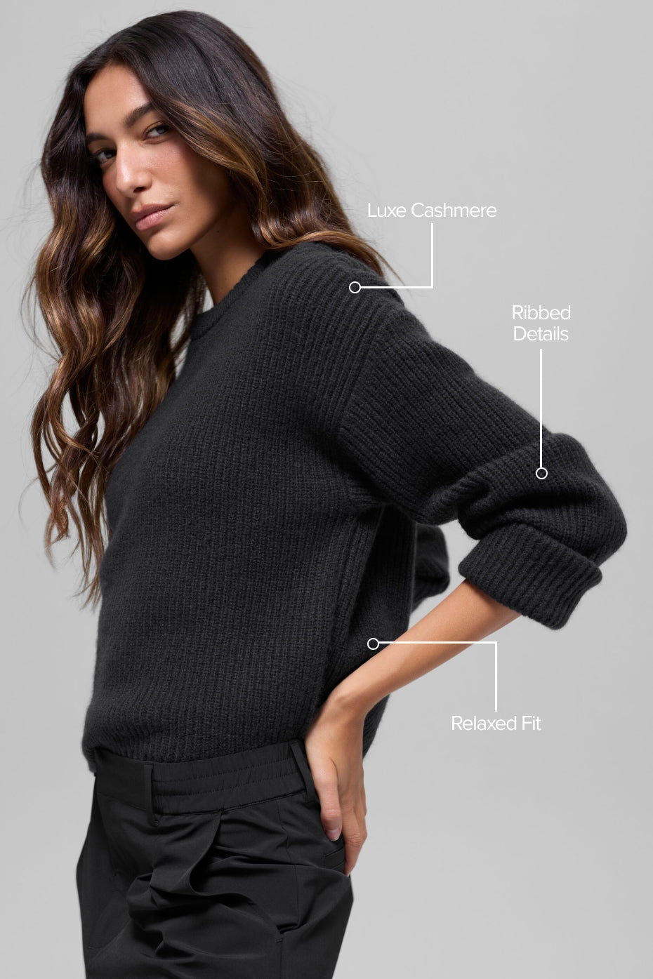 Wool Cashmere Ribbed Noble Crewneck Sweater - Black