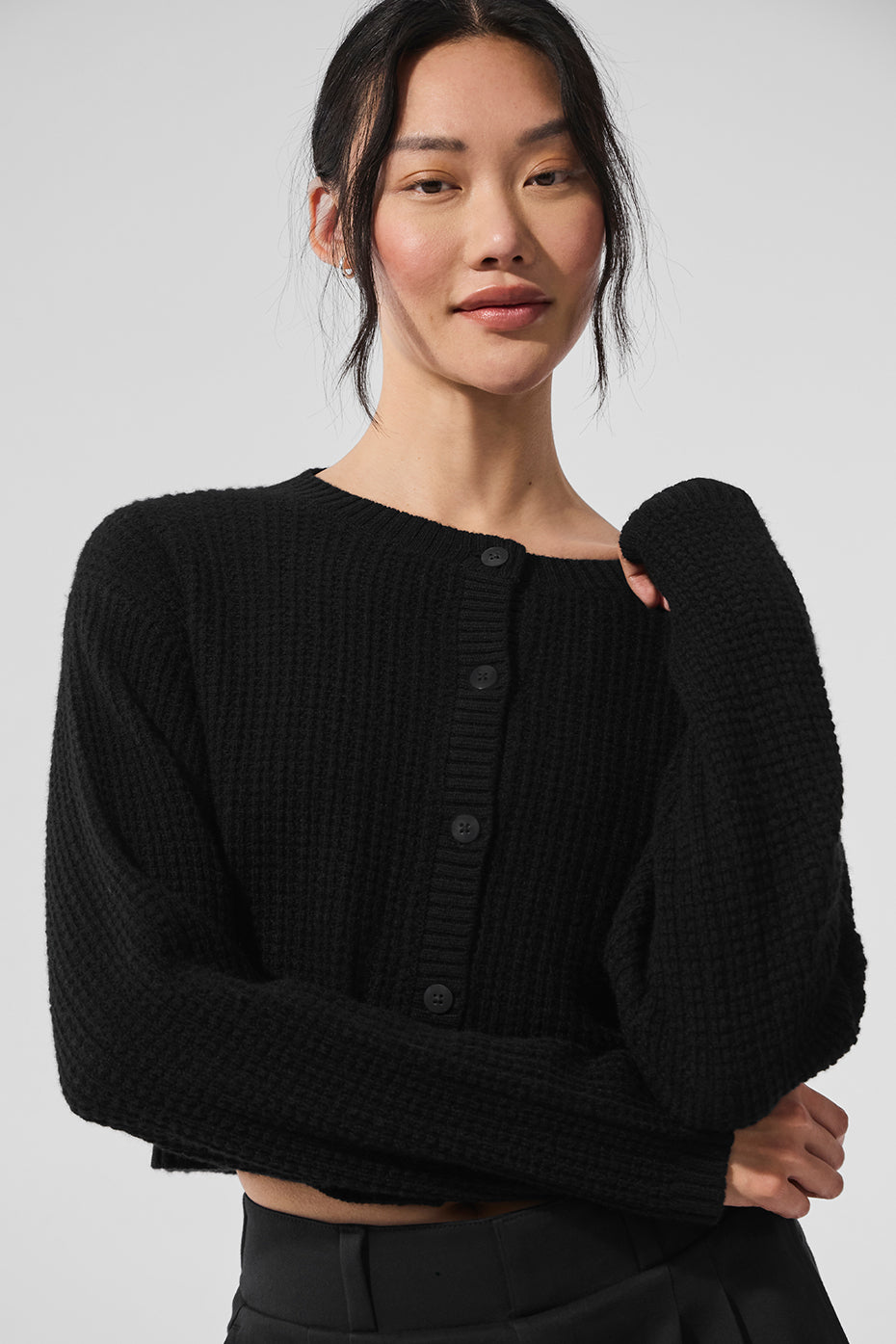 Cashmere Plush Waffle Cardigan - Black
