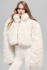 Opulent Faux Fur Cropped Jacket - Ivory
