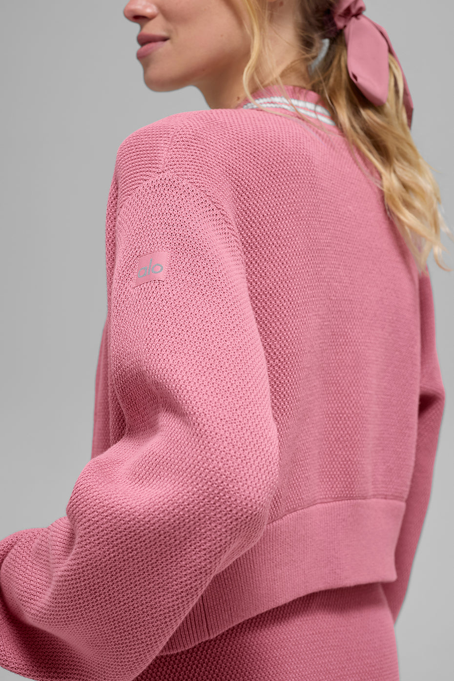Tennis Club Sweater Knit Full Zip Jacket - Pink Wild Rose/White